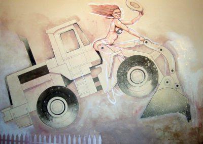 一个穿着比基尼的女人骑在前装载机上的插图